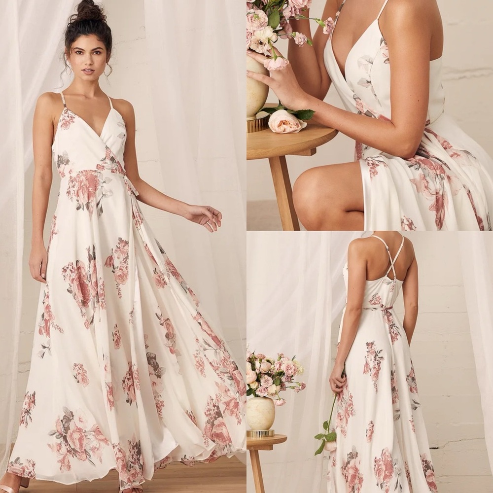 Lulus Elegantly Inclined Cream Floral Print Wrap Maxi Dress | XS